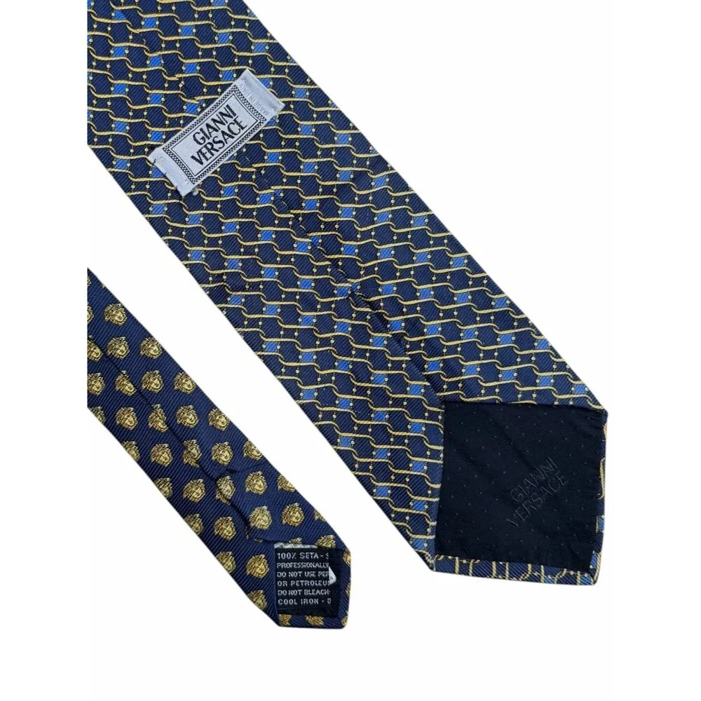 Gianni Versace Navy Gold Medusa Silk Tie Geometric Chain Pattern Italy Necktie